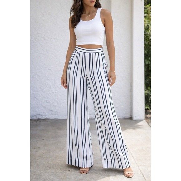Boston Proper Pants - Boston Proper Trouser Pants Womens Size 4 Striped Side Slit Navy White Office